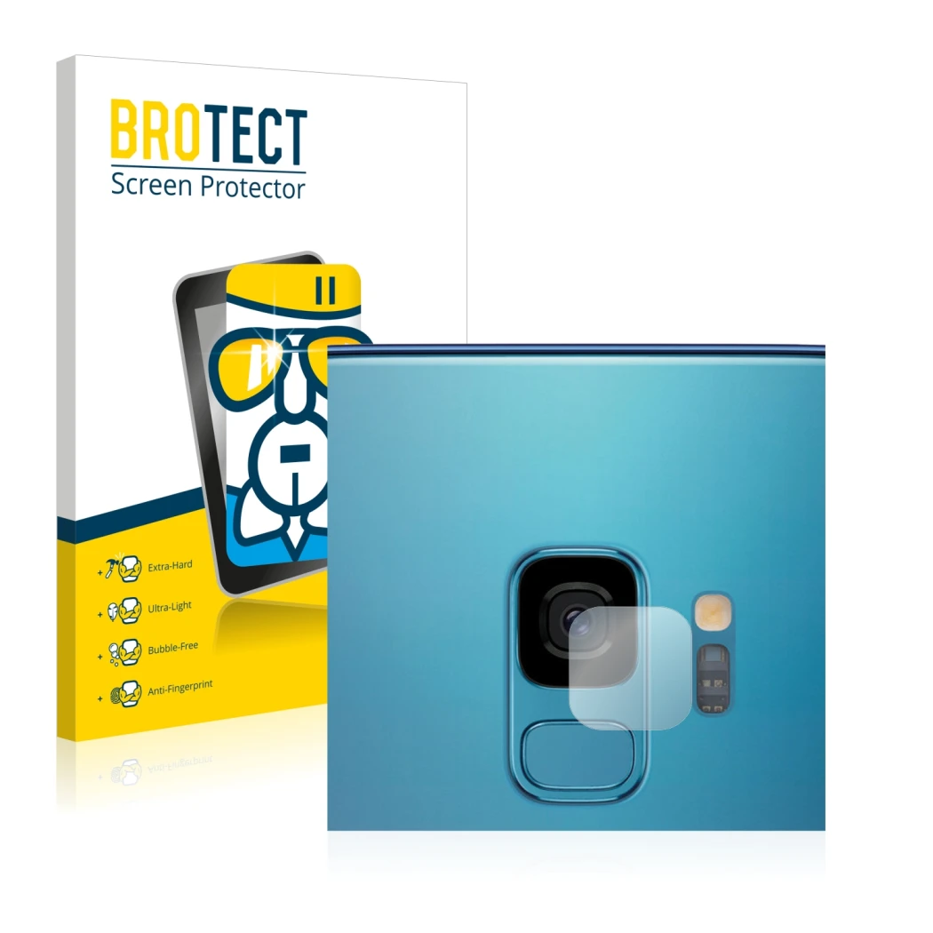 Face avant d’un emballage produit avec le logo de la marque BROTECT. À côté, l’appareil Samsung Galaxy S9 (Caméra UNIQUEMENT) 