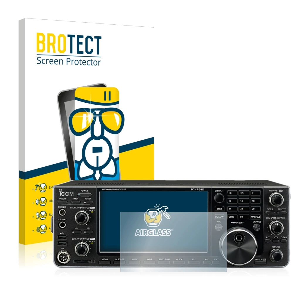 Face avant d’un emballage produit avec le logo de la marque BROTECT. À côté, l’appareil Icom IC-7610 est représenté avec la pr