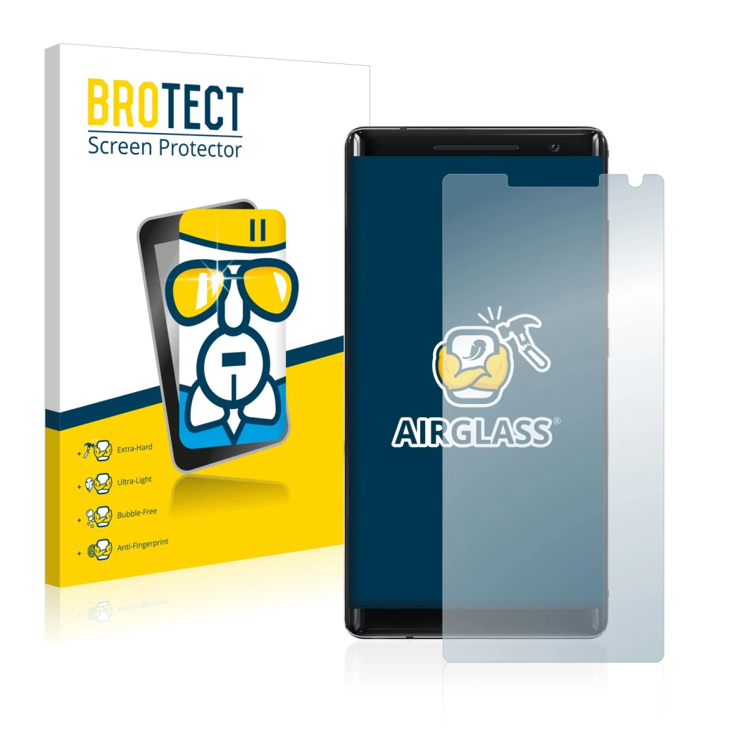 Face avant d’un emballage produit avec le logo de la marque BROTECT. À côté, l’appareil Nokia 8 Sirocco est représenté avec la
