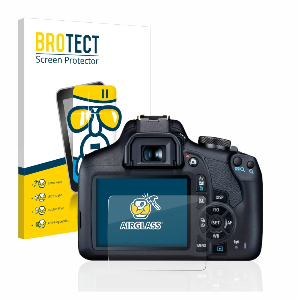 Face avant d’un emballage produit avec le logo de la marque BROTECT. À côté, l’appareil Canon EOS 2000D est représenté avec la
