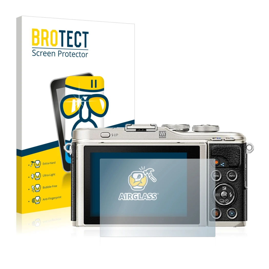 Face avant d’un emballage produit avec le logo de la marque BROTECT. À côté, l’appareil Olympus PEN E-PL9 est représenté avec