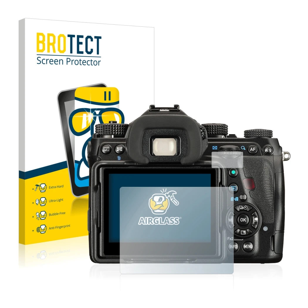 Face avant d’un emballage produit avec le logo de la marque BROTECT. À côté, l’appareil Pentax K-1 Mark II est représenté avec