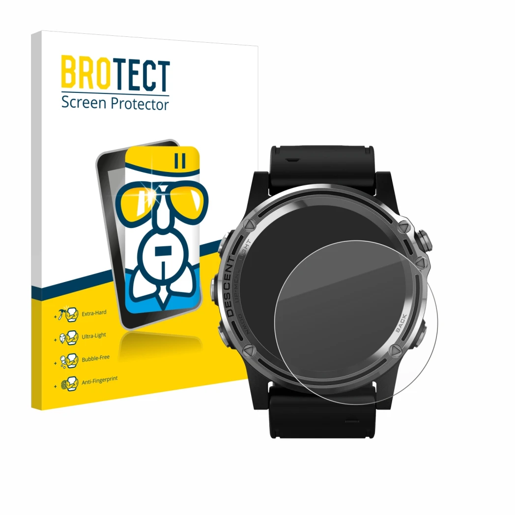 Face avant d’un emballage produit avec le logo de la marque BROTECT. À côté, l’appareil Garmin Descent Mk1 est représenté avec