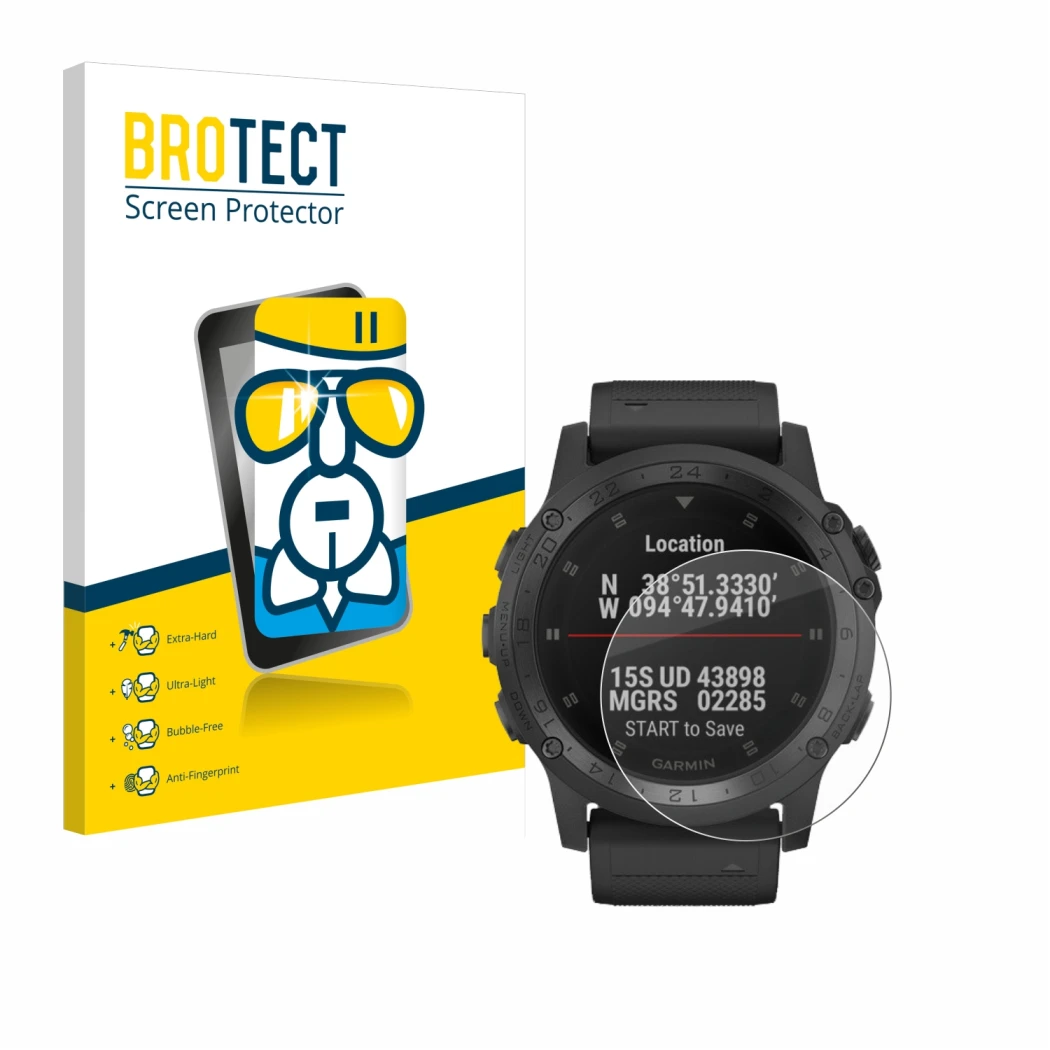 Face avant d’un emballage produit avec le logo de la marque BROTECT. À côté, l’appareil Garmin Tactix Charlie est représenté a