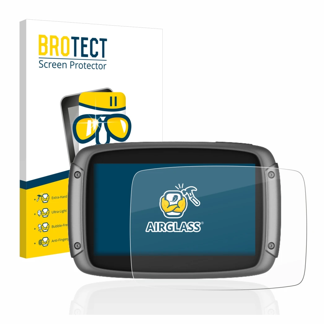 Face avant d’un emballage produit avec le logo de la marque BROTECT. À côté, l’appareil TomTom Rider 550 est représenté avec l