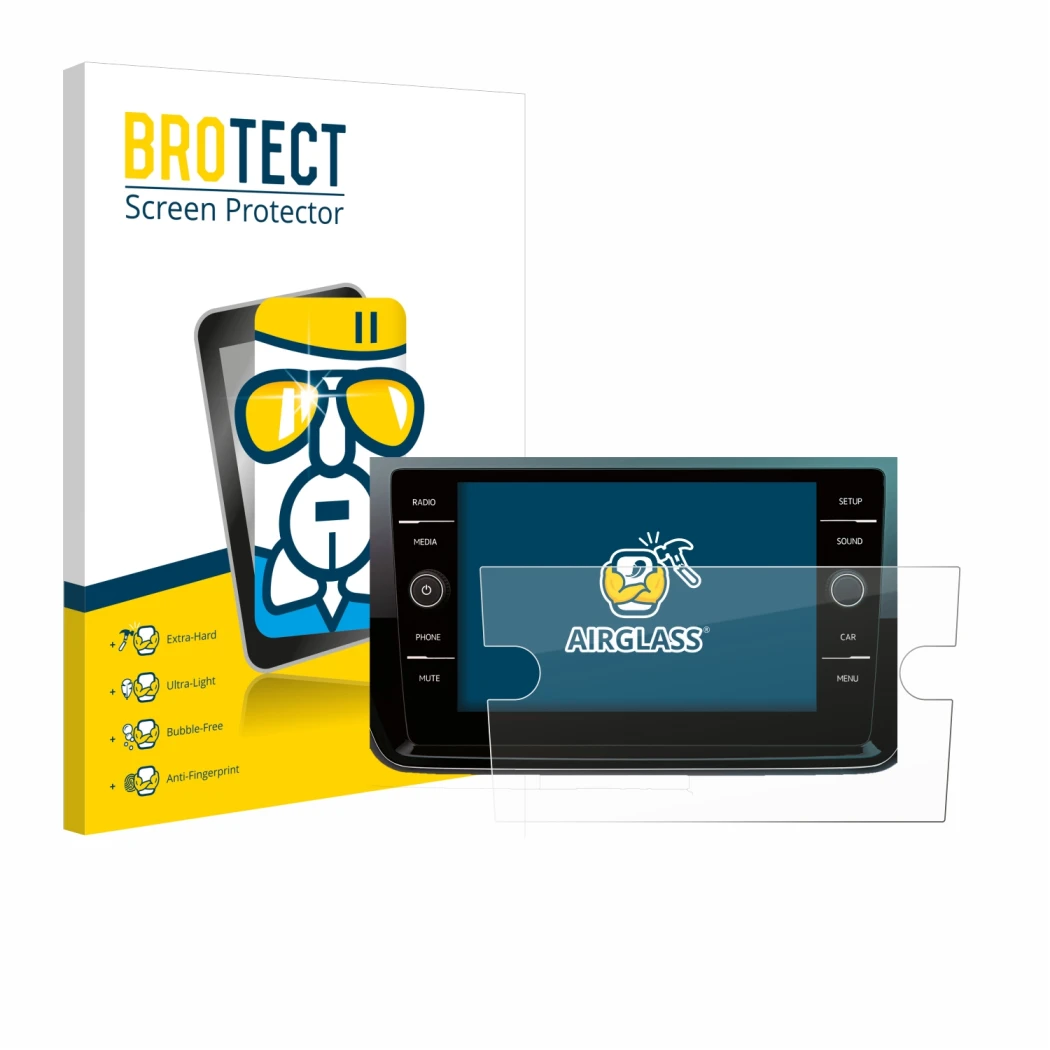 Face avant d’un emballage produit avec le logo de la marque BROTECT. À côté, l’appareil Volkswagen Polo 2018 Composition Media