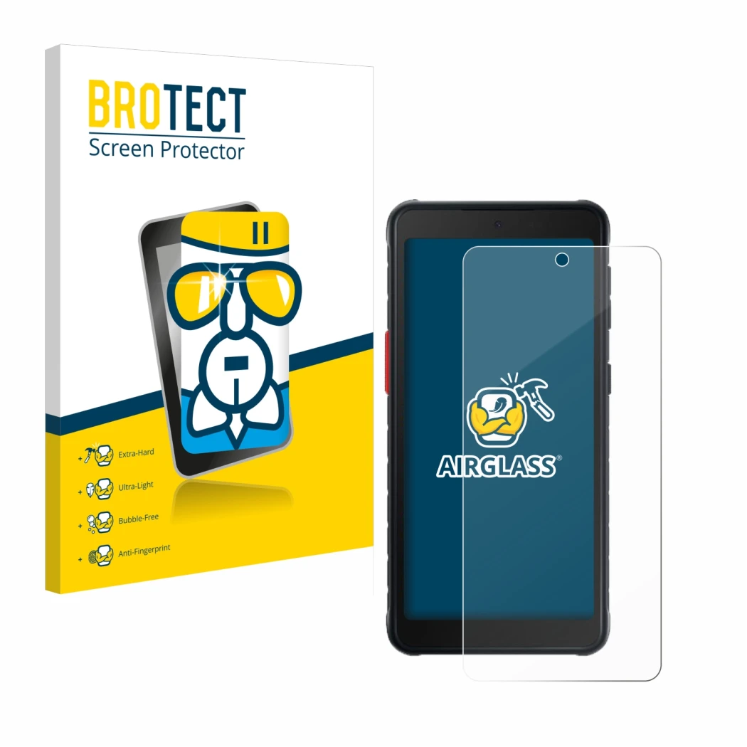 Face avant d’un emballage produit avec le logo de la marque BROTECT. À côté, l’appareil Samsung Galaxy XCover 5 est représenté