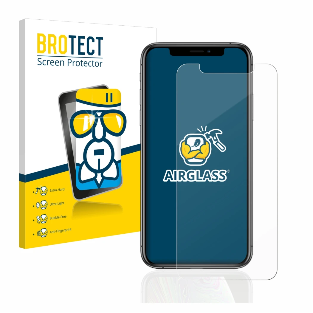 Face avant d’un emballage produit avec le logo de la marque BROTECT. À côté, l’appareil Apple iPhone Xs est représenté avec la