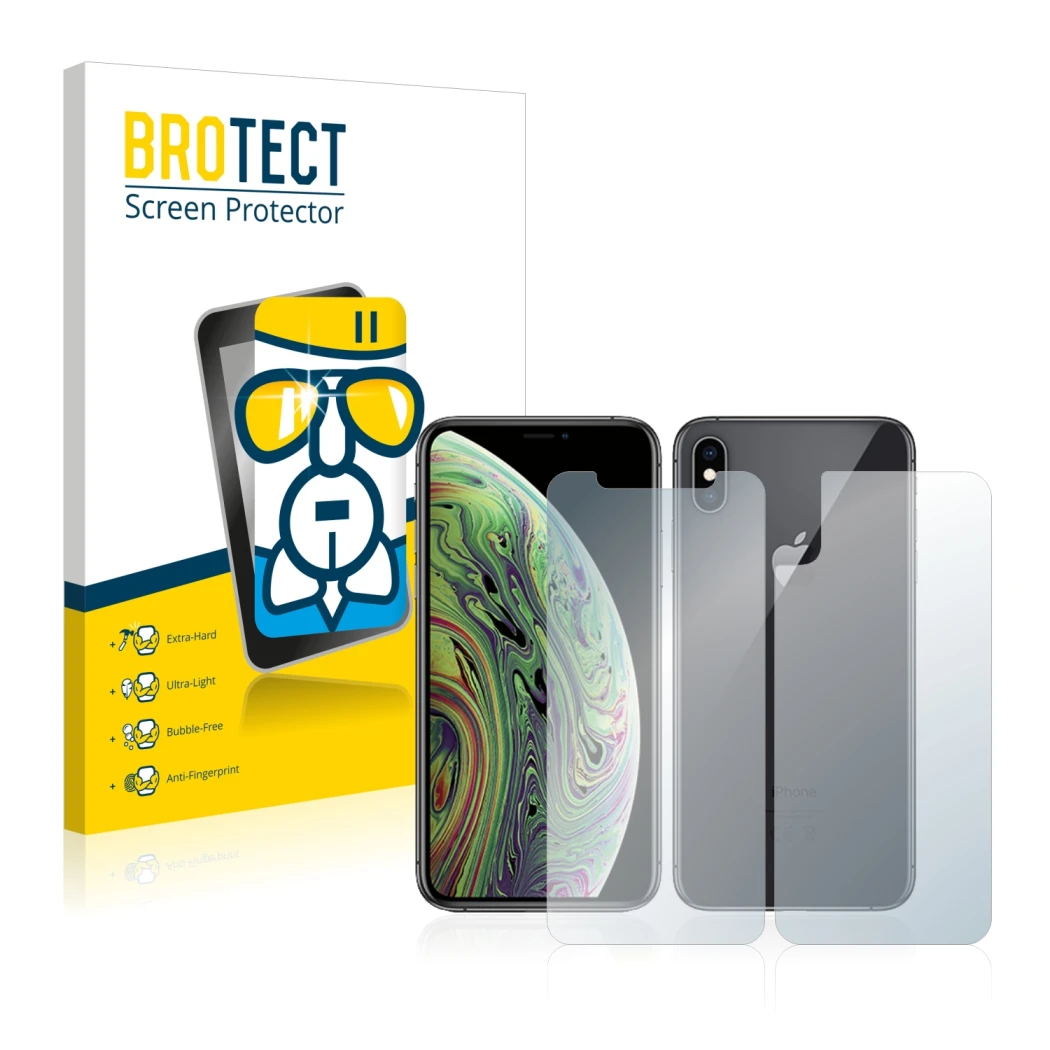Face avant d’un emballage produit avec le logo de la marque BROTECT. À côté, l’appareil Apple iPhone Xs (Avant+Arrière) est re