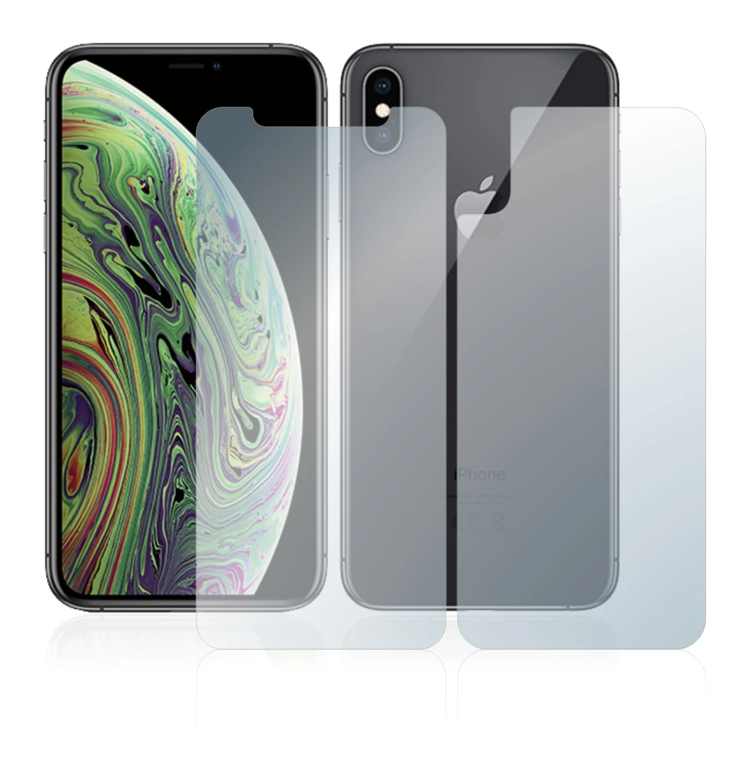 Image de l'appareil Apple iPhone Xs (Avant+Arrière) avec une grande variété de protections d'écran.