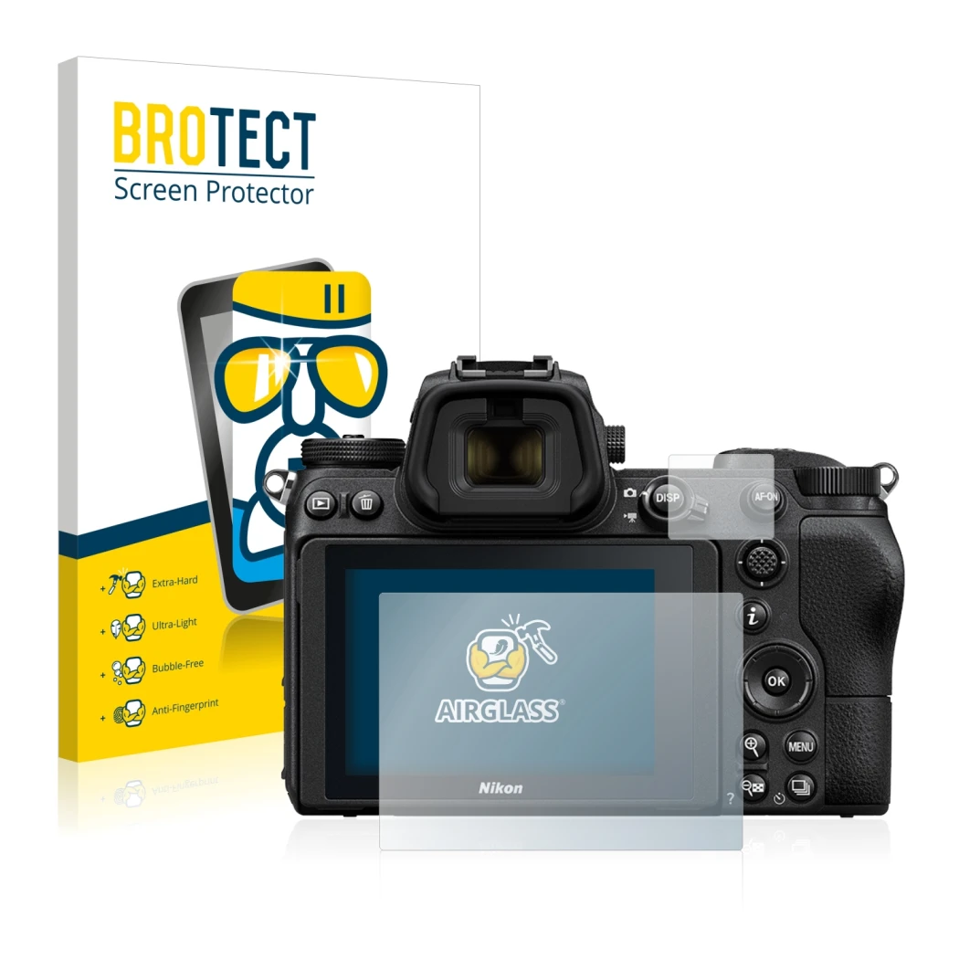 Face avant d’un emballage produit avec le logo de la marque BROTECT. À côté, l’appareil Nikon Z 6 est représenté avec la prote