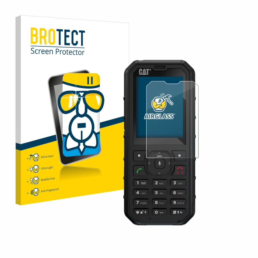 Face avant d’un emballage produit avec le logo de la marque BROTECT. À côté, l’appareil Caterpillar Cat B35 est représenté ave