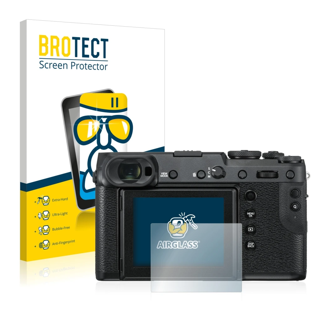 Face avant d’un emballage produit avec le logo de la marque BROTECT. À côté, l’appareil Fujifilm GFX 50R est représenté avec l