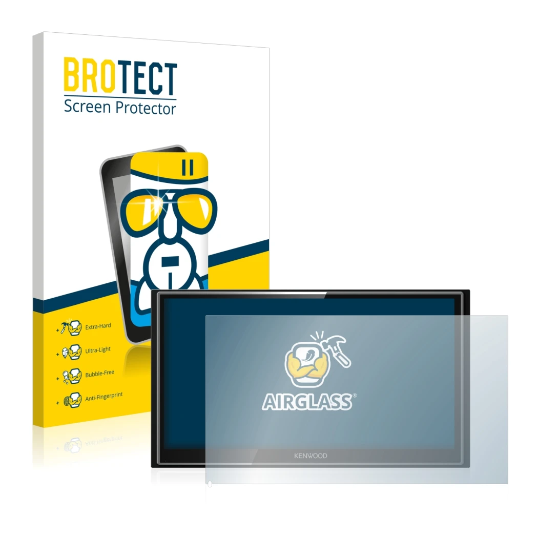 Face avant d’un emballage produit avec le logo de la marque BROTECT. À côté, l’appareil Kenwood DMX7018DABS est représenté ave