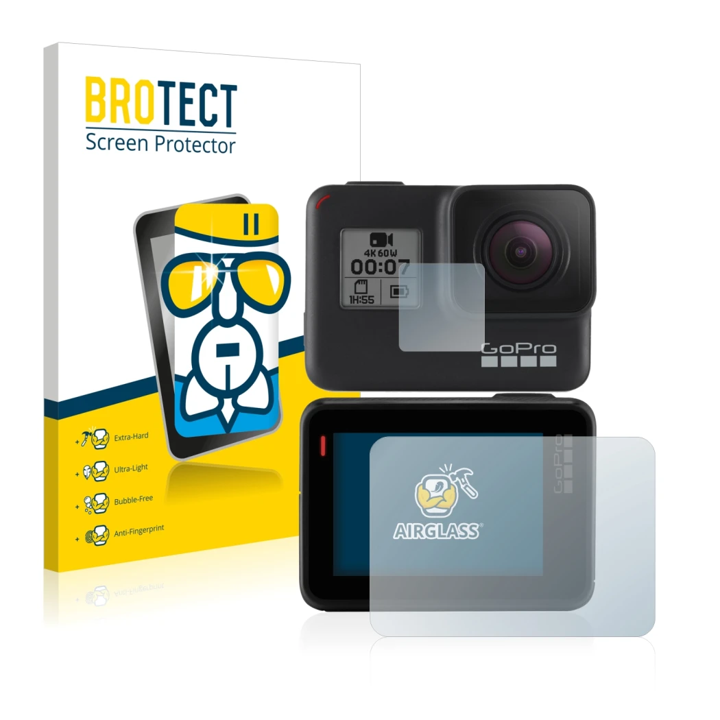 Face avant d’un emballage produit avec le logo de la marque BROTECT. À côté, l’appareil GoPro Hero 7 Black est représenté avec