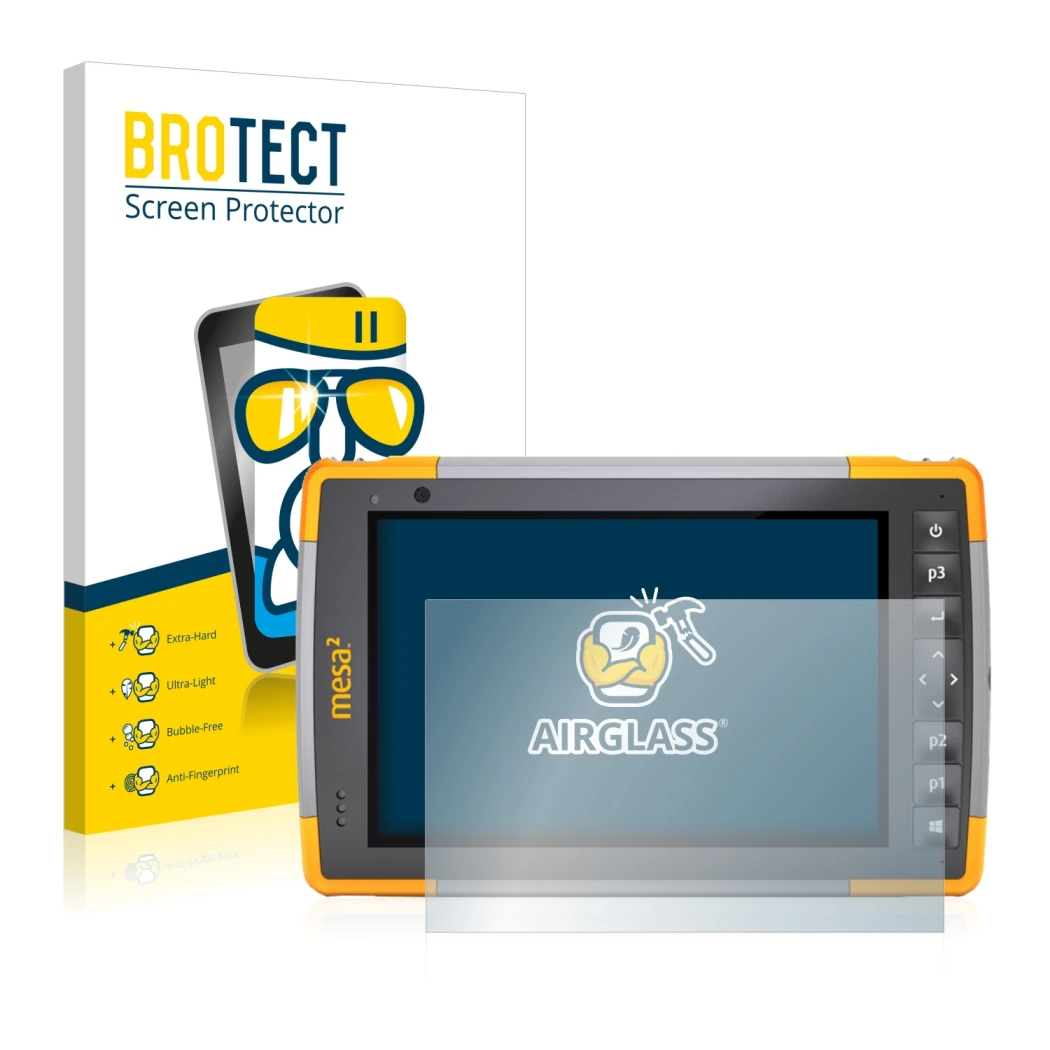 Face avant d’un emballage produit avec le logo de la marque BROTECT. À côté, l’appareil Juniper Systems Mesa 2 Rugged Tablet e