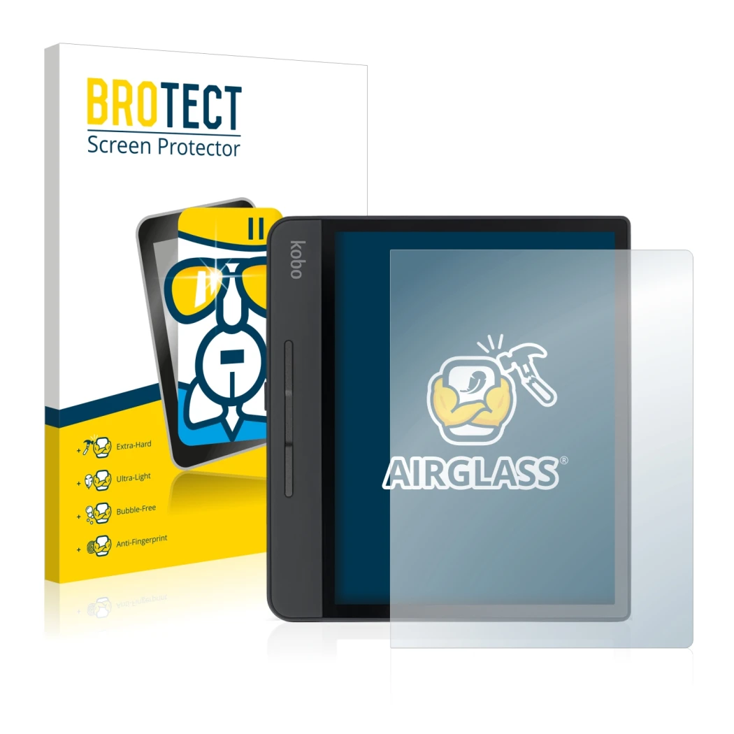 Face avant d’un emballage produit avec le logo de la marque BROTECT. À côté, l’appareil Kobo Forma est représenté avec la prot