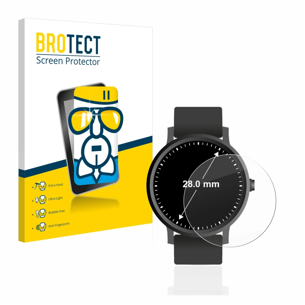 Face avant d’un emballage produit avec le logo de la marque BROTECT. À côté, l’appareil Circulaire Displays (ø: 28 mm) est rep