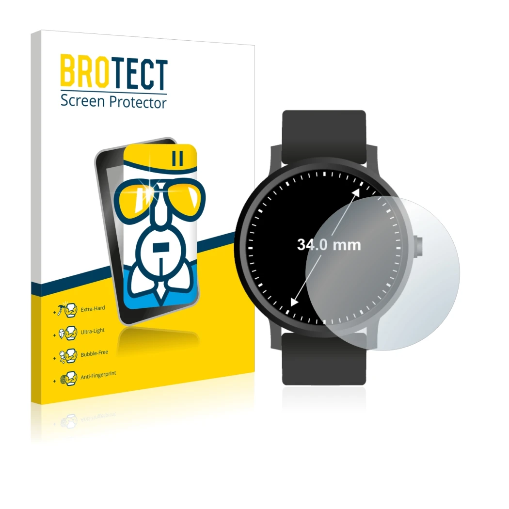 Face avant d’un emballage produit avec le logo de la marque BROTECT. À côté, l’appareil Circulaire Displays (ø: 34 mm) est rep