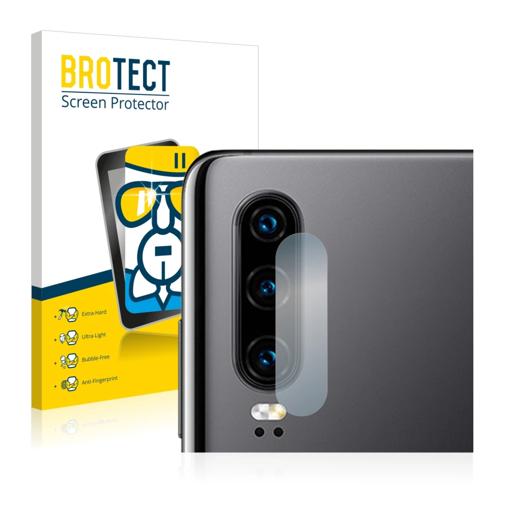 Face avant d’un emballage produit avec le logo de la marque BROTECT. À côté, l’appareil Huawei P30 (Caméra UNIQUEMENT) est rep