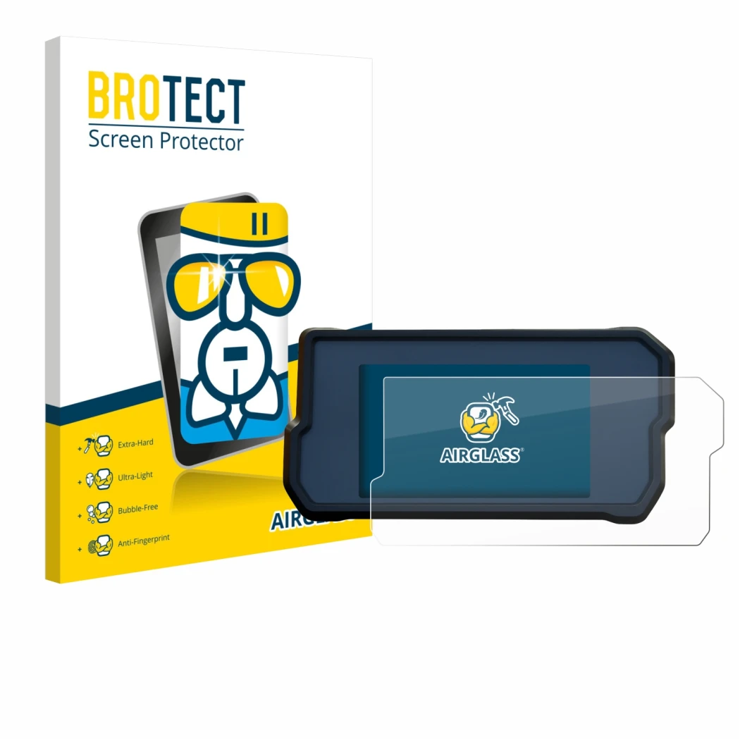 Face avant d’un emballage produit avec le logo de la marque BROTECT. À côté, l’appareil KTM 390 Duke 2017 est représenté avec