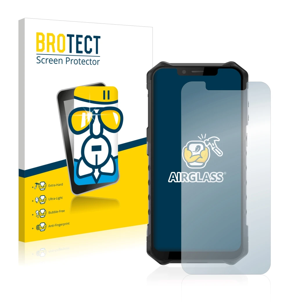 Face avant d’un emballage produit avec le logo de la marque BROTECT. À côté, l’appareil Ulefone Armor 6 est représenté avec la
