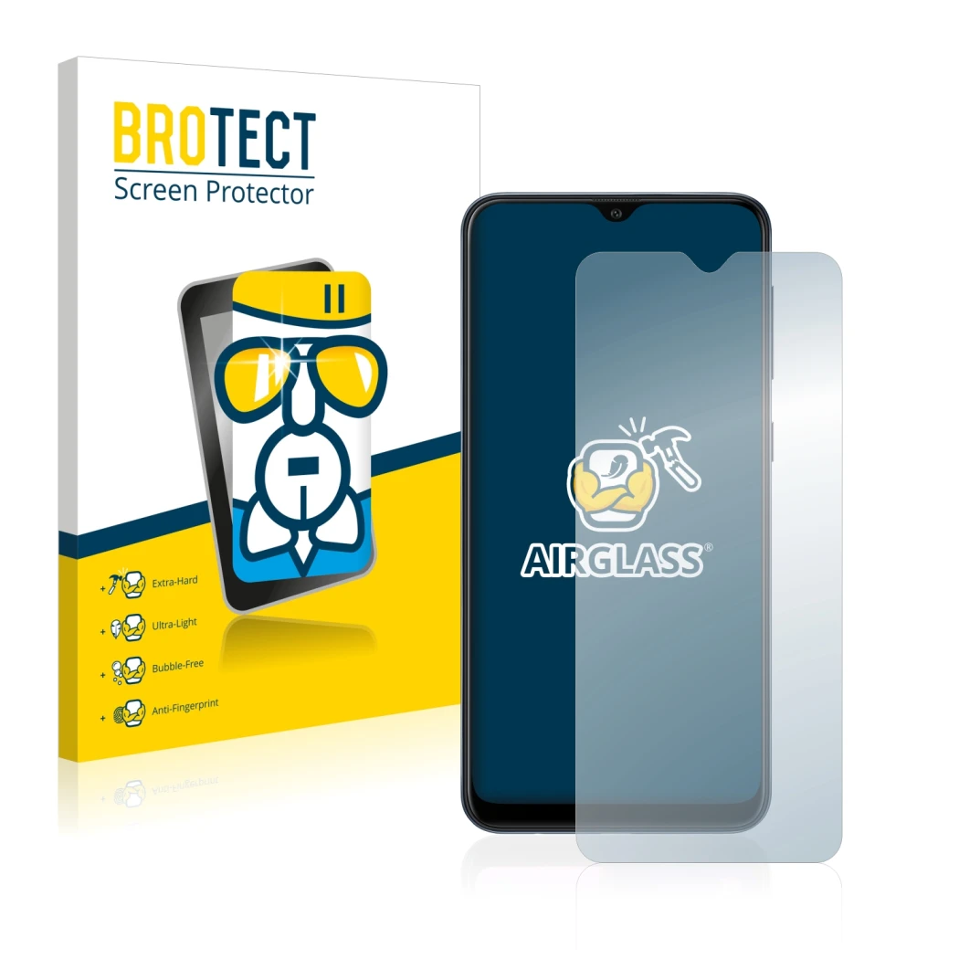 Face avant d’un emballage produit avec le logo de la marque BROTECT. À côté, l’appareil Samsung Galaxy A10 est représenté avec