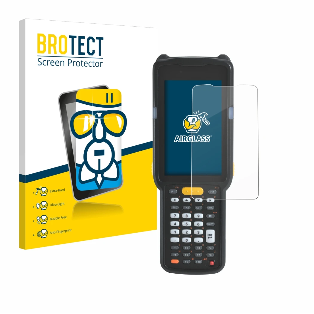 Face avant d’un emballage produit avec le logo de la marque BROTECT. À côté, l’appareil Zebra MC330 est représenté avec la pro