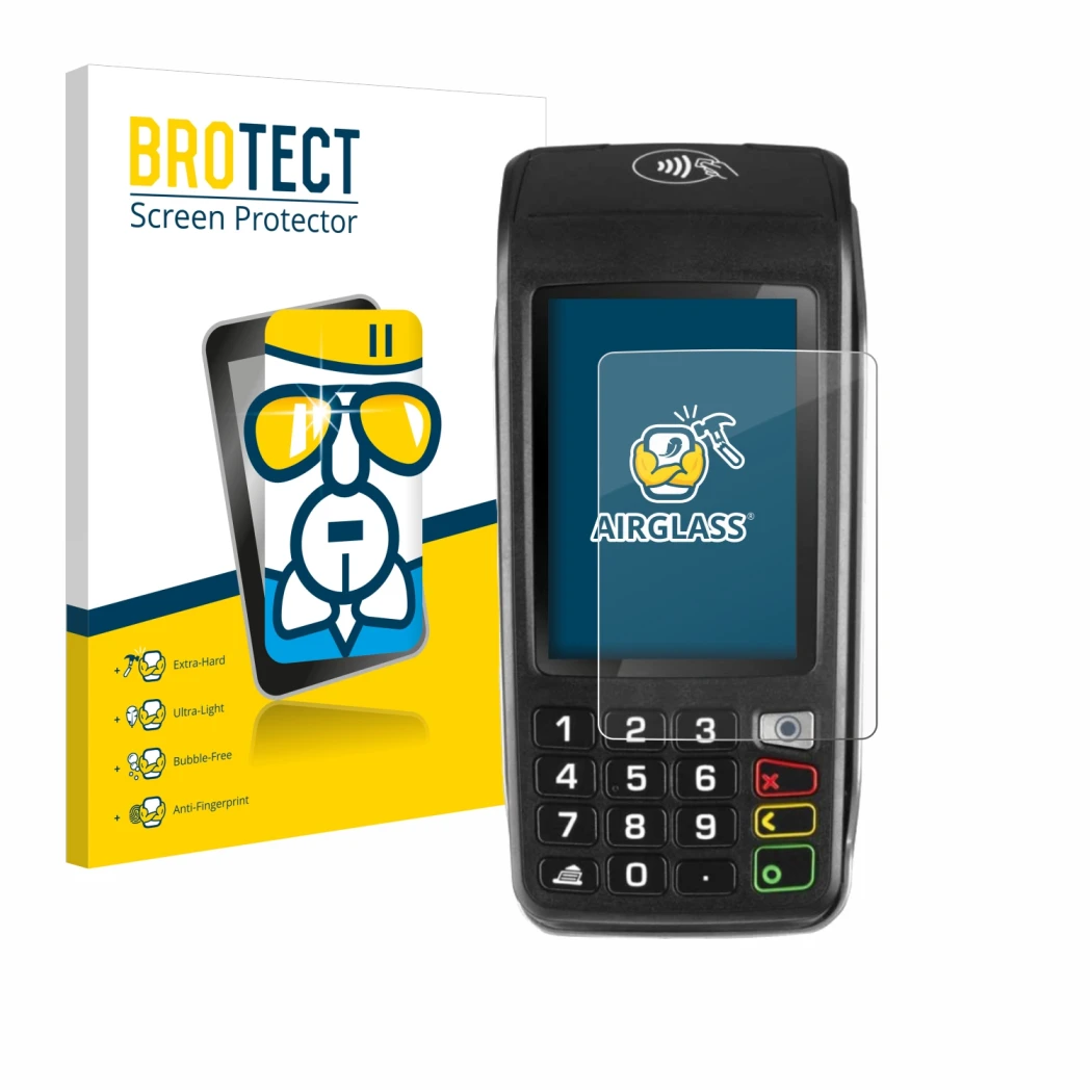 Face avant d’un emballage produit avec le logo de la marque BROTECT. À côté, l’appareil ingenico Move/5000 est représenté avec