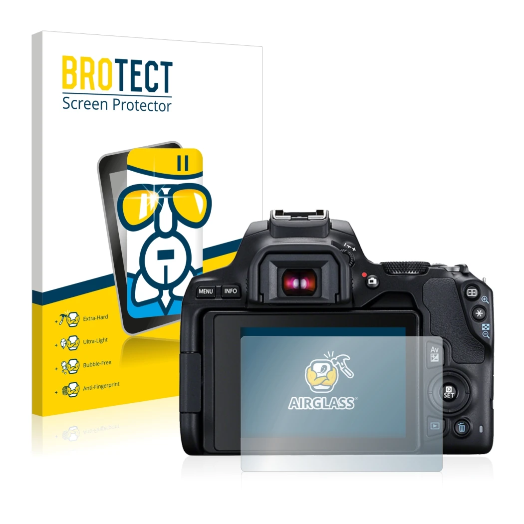 Face avant d’un emballage produit avec le logo de la marque BROTECT. À côté, l’appareil Canon EOS 250D est représenté avec la