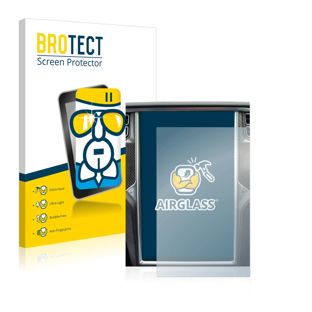 Face avant d’un emballage produit avec le logo de la marque BROTECT. À côté, l’appareil Tesla Model X est représenté avec la p