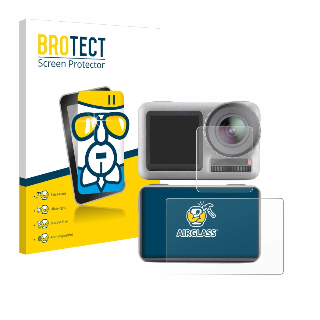 Face avant d’un emballage produit avec le logo de la marque BROTECT. À côté, l’appareil DJI Osmo Action est représenté avec la