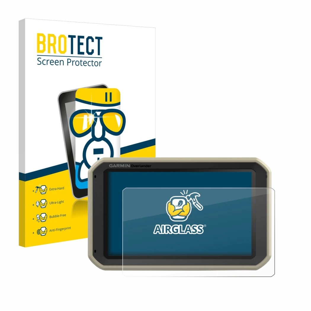 Face avant d’un emballage produit avec le logo de la marque BROTECT. À côté, l’appareil Garmin Overlander est représenté avec