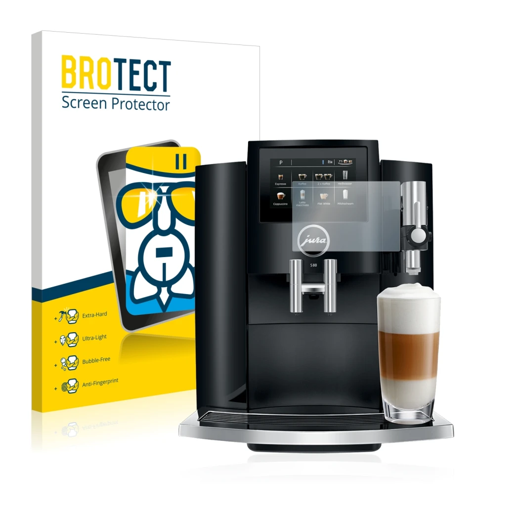 Face avant d’un emballage produit avec le logo de la marque BROTECT. À côté, l’appareil Jura S8 est représenté avec la protect