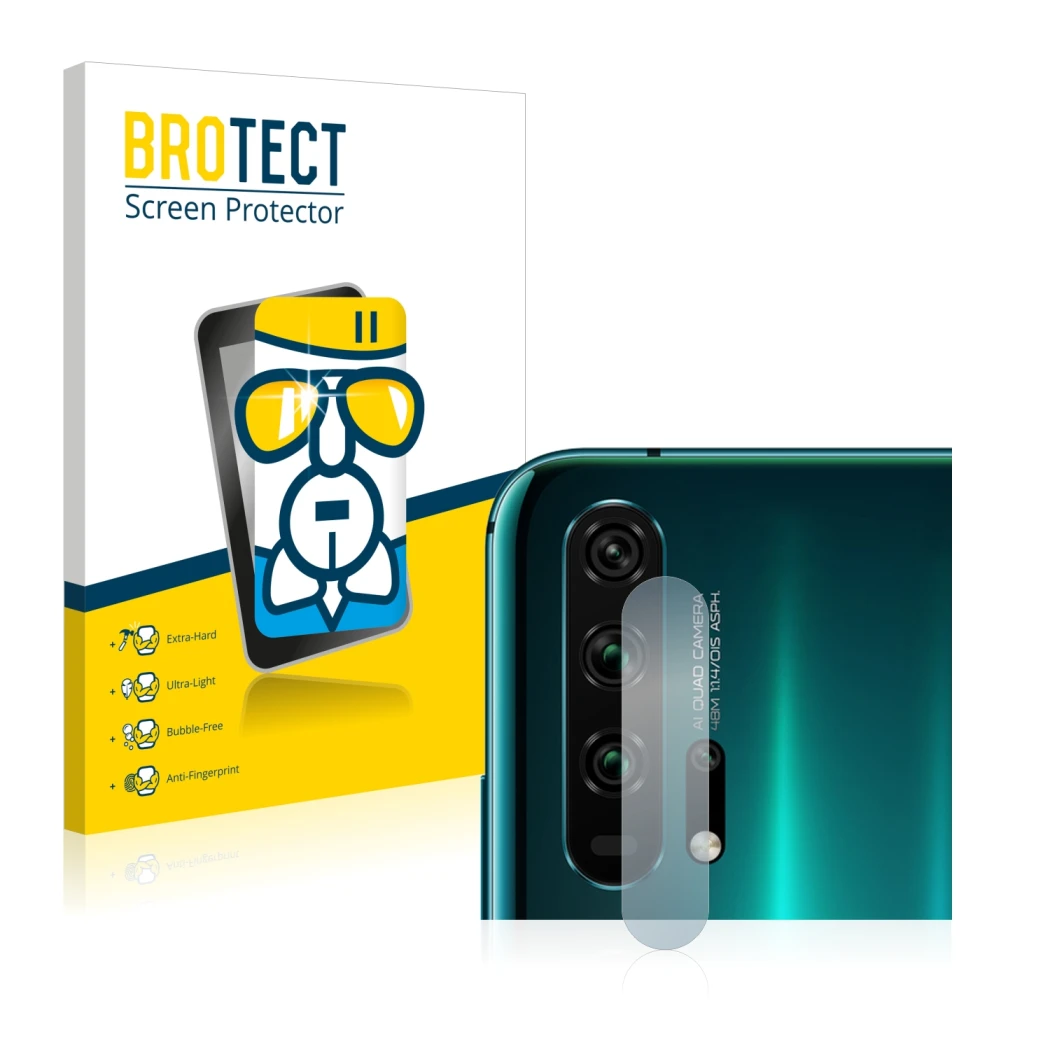 Face avant d’un emballage produit avec le logo de la marque BROTECT. À côté, l’appareil Honor 20 Pro (Caméra UNIQUEMENT) est r