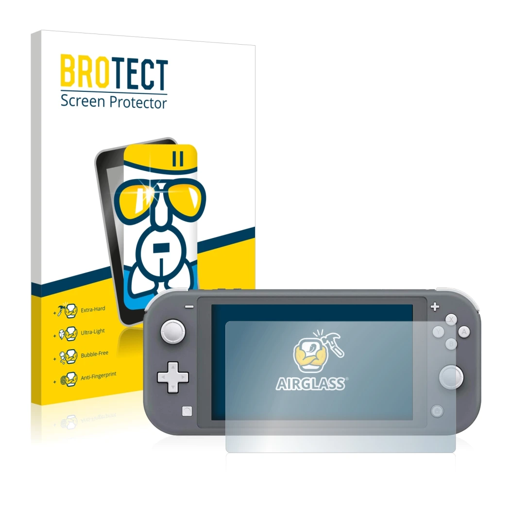 Face avant d’un emballage produit avec le logo de la marque BROTECT. À côté, l’appareil Nintendo Switch Lite est représenté av