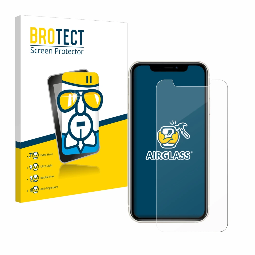 Face avant d’un emballage produit avec le logo de la marque BROTECT. À côté, l’appareil Apple iPhone 11 est représenté avec la