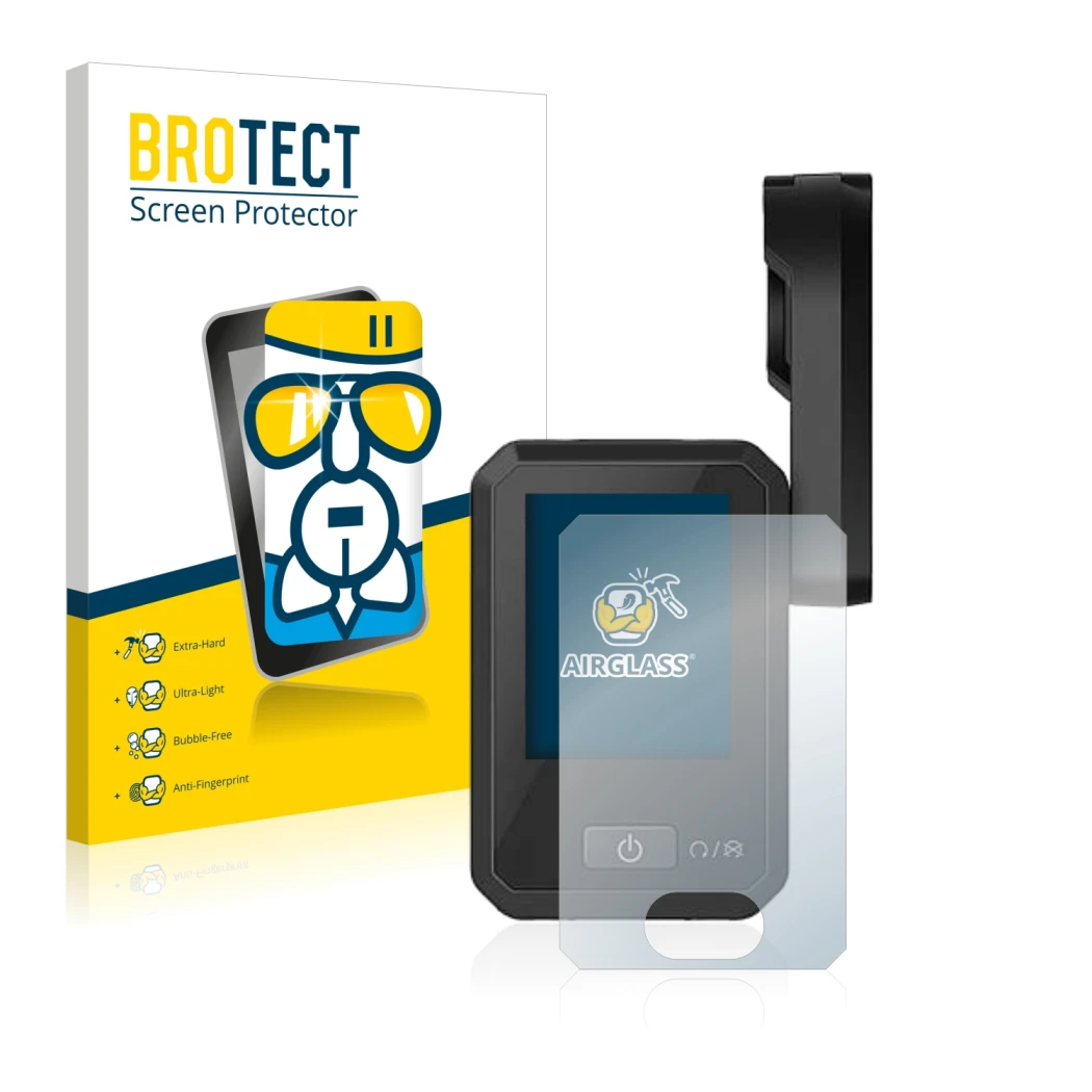 Face avant d’un emballage produit avec le logo de la marque BROTECT. À côté, l’appareil Flyer Display D0 est représenté avec l