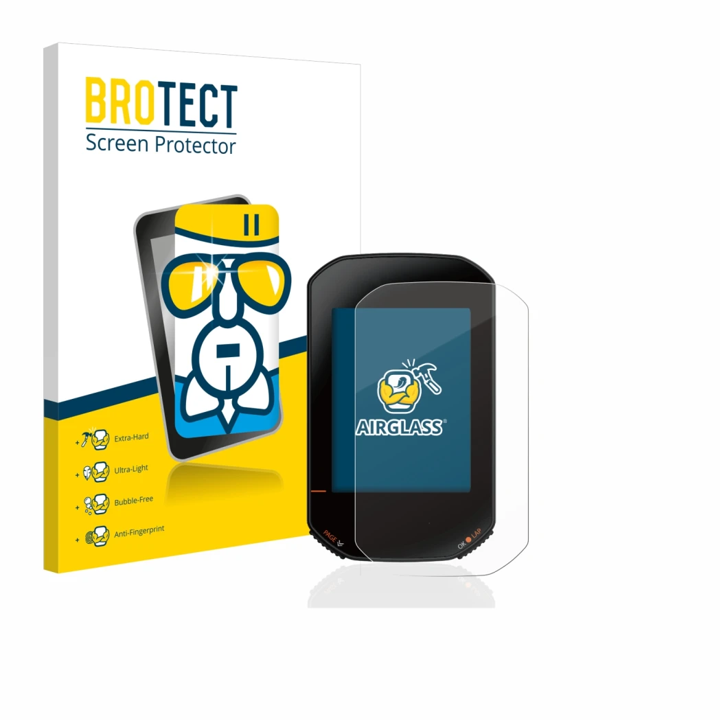 Face avant d’un emballage produit avec le logo de la marque BROTECT. À côté, l’appareil Bryton Rider 420 est représenté avec l