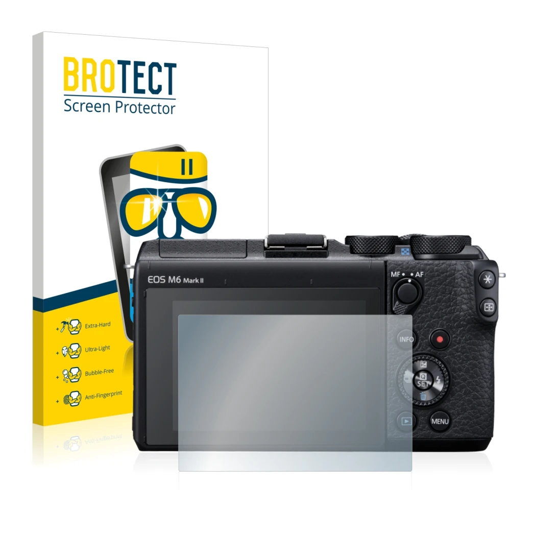 Face avant d’un emballage produit avec le logo de la marque BROTECT. À côté, l’appareil Canon EOS M6 Mark II est représenté av