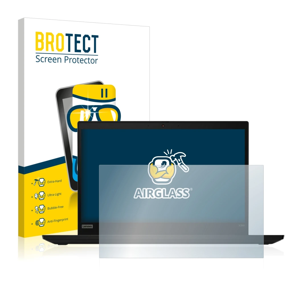 Face avant d’un emballage produit avec le logo de la marque BROTECT. À côté, l’appareil Lenovo ThinkPad X390 Non-Touch est rep