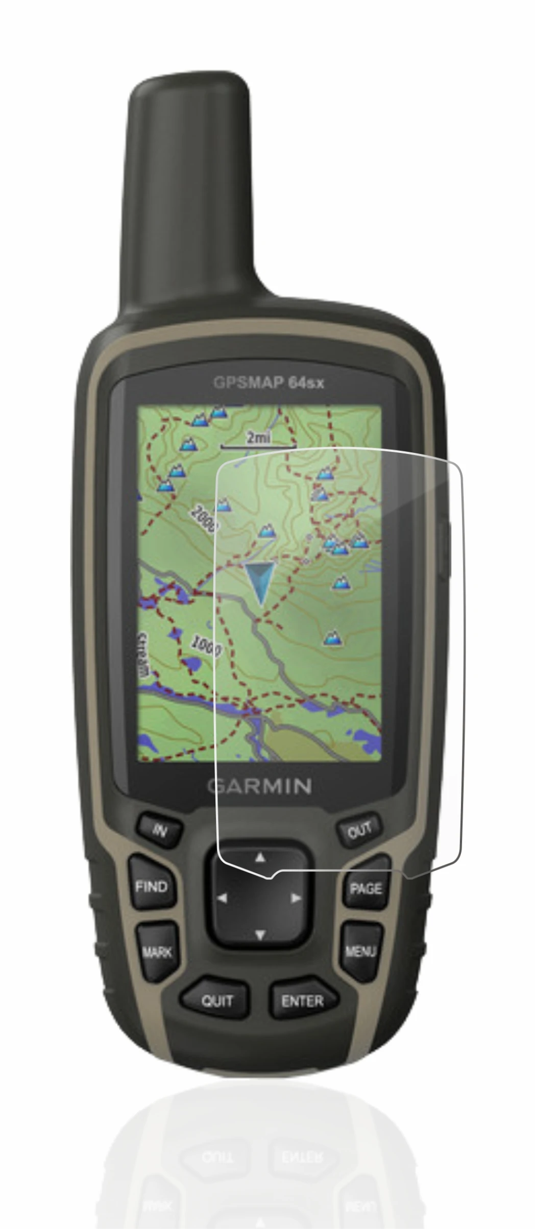 Image de l'appareil Garmin GPSMAP 64sx avec une grande variété de protections d'écran.