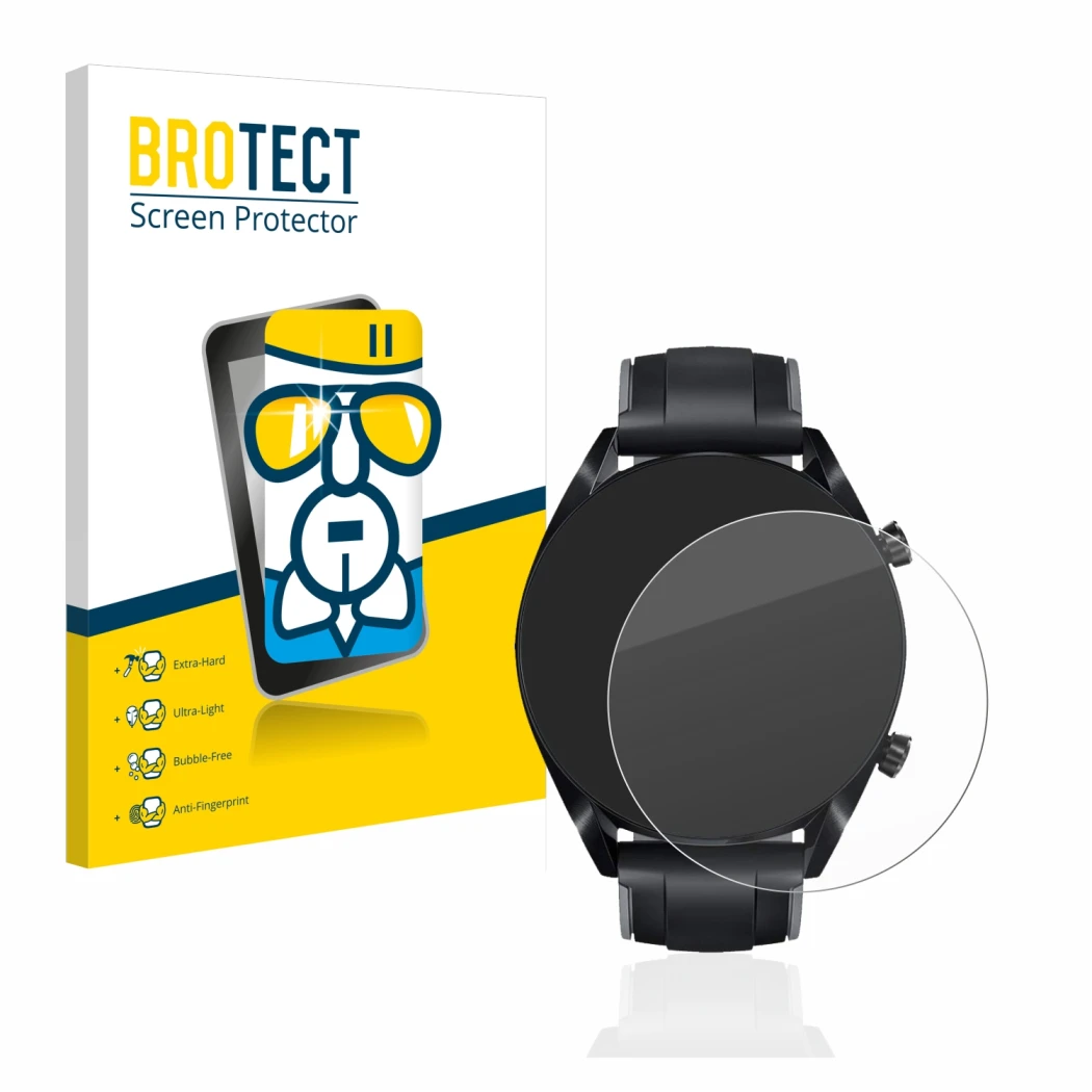 Face avant d’un emballage produit avec le logo de la marque BROTECT. À côté, l’appareil Huawei Watch GT 2 (46 mm) est représen