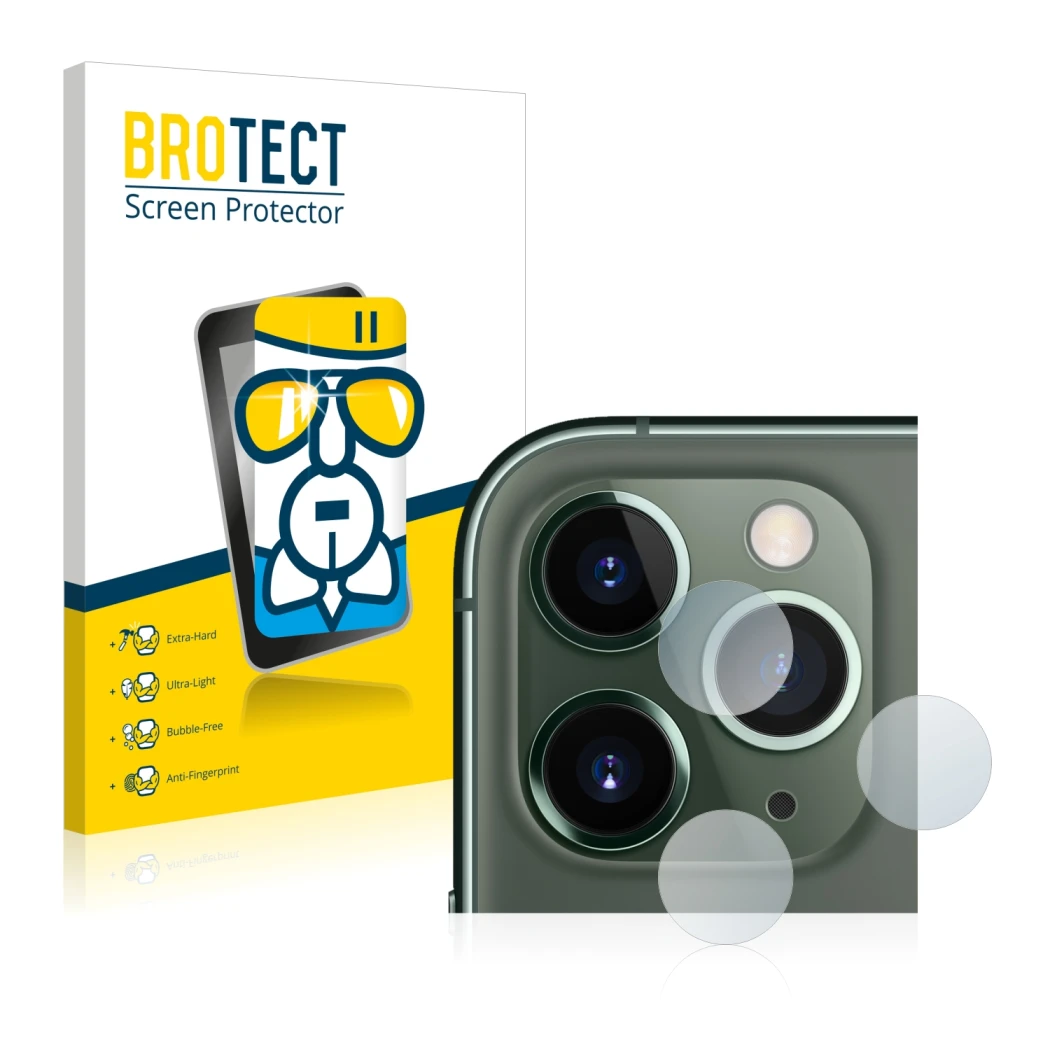 Face avant d’un emballage produit avec le logo de la marque BROTECT. À côté, l’appareil Apple iPhone 11 Pro Max (Caméra UNIQUE