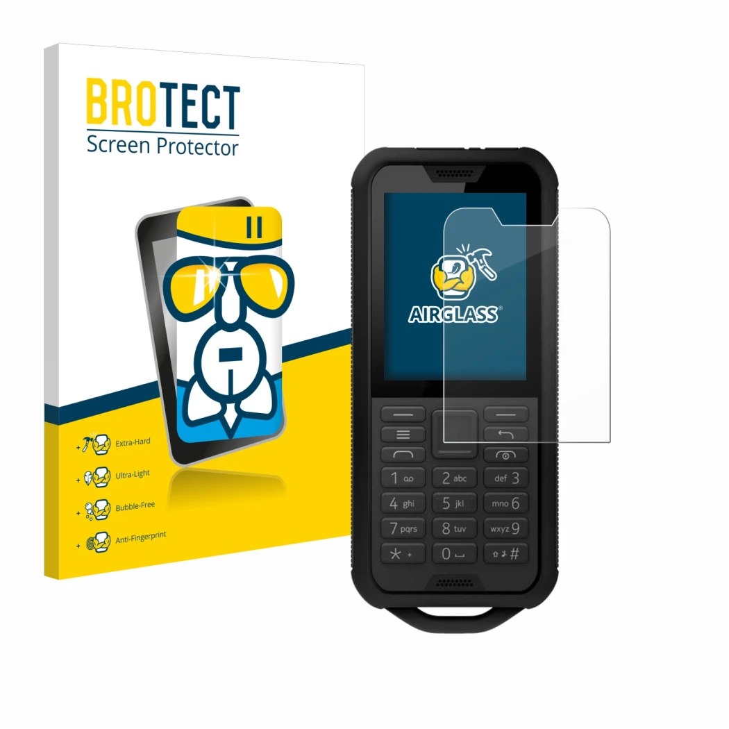Face avant d’un emballage produit avec le logo de la marque BROTECT. À côté, l’appareil Nokia 800 Tough est représenté avec la