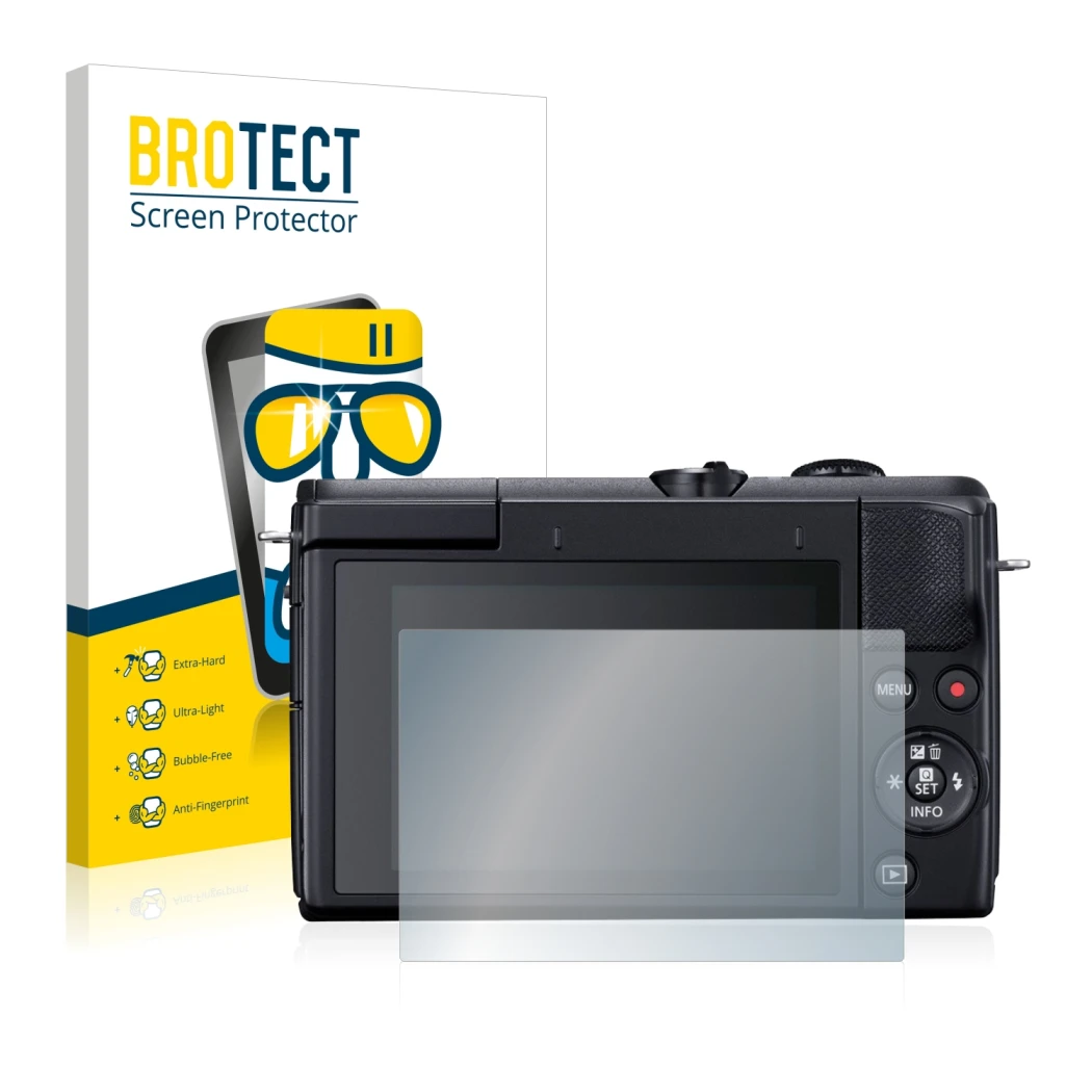Face avant d’un emballage produit avec le logo de la marque BROTECT. À côté, l’appareil Canon EOS M200 est représenté avec la