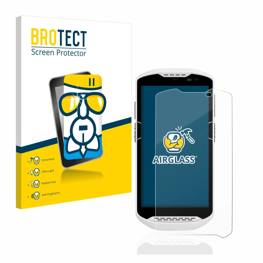 Face avant d’un emballage produit avec le logo de la marque BROTECT. À côté, l’appareil Zebra TC57 est représenté avec la prot