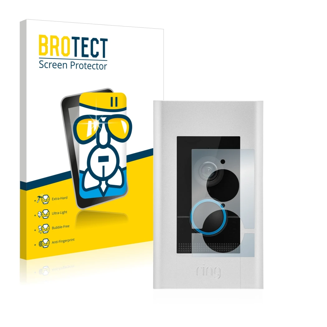Face avant d’un emballage produit avec le logo de la marque BROTECT. À côté, l’appareil Ring Video Doorbell Elite est représen