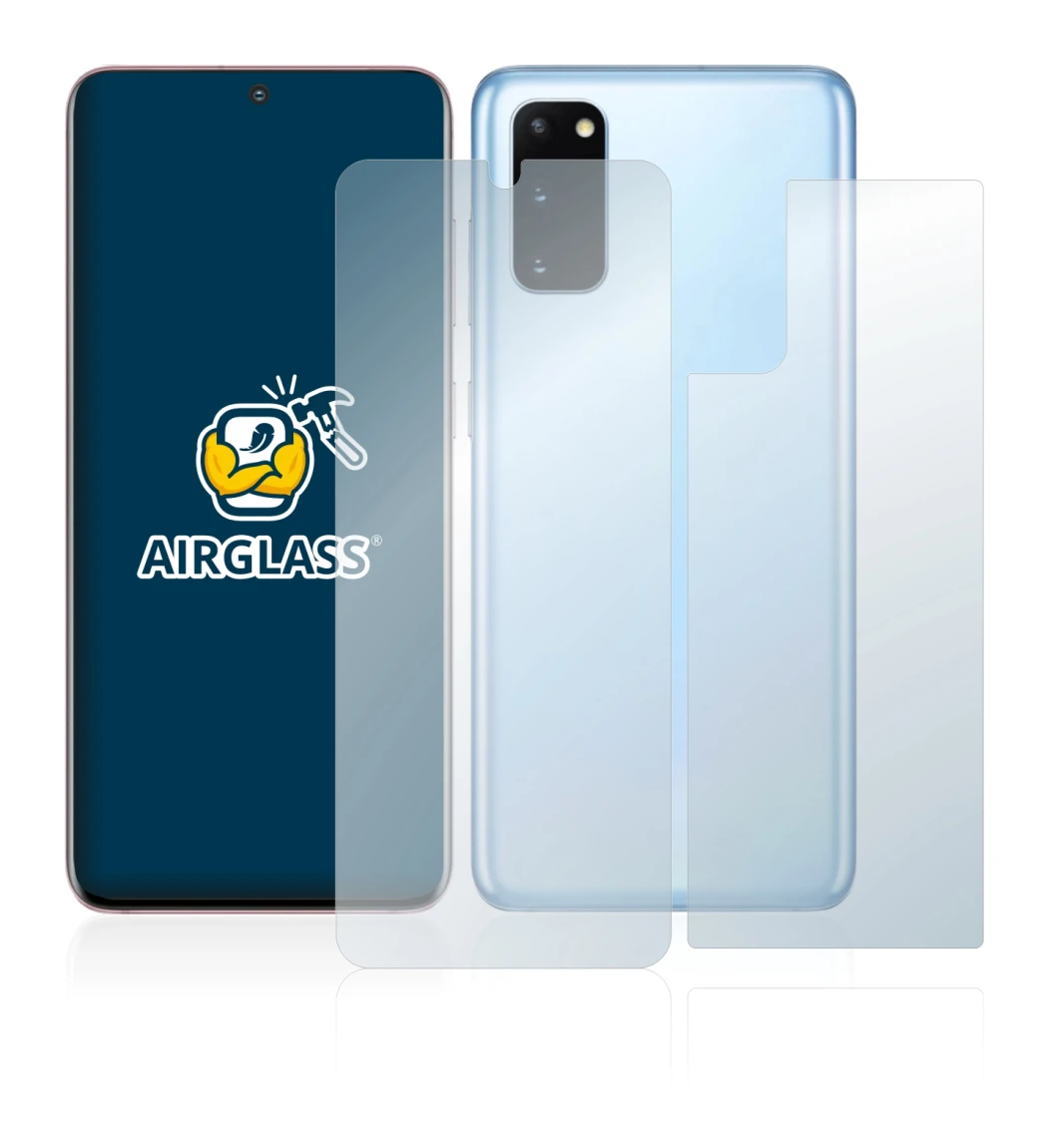 Image de l'appareil Samsung Galaxy S20 (Avant+Arrière) avec une grande variété de protections d'écran.