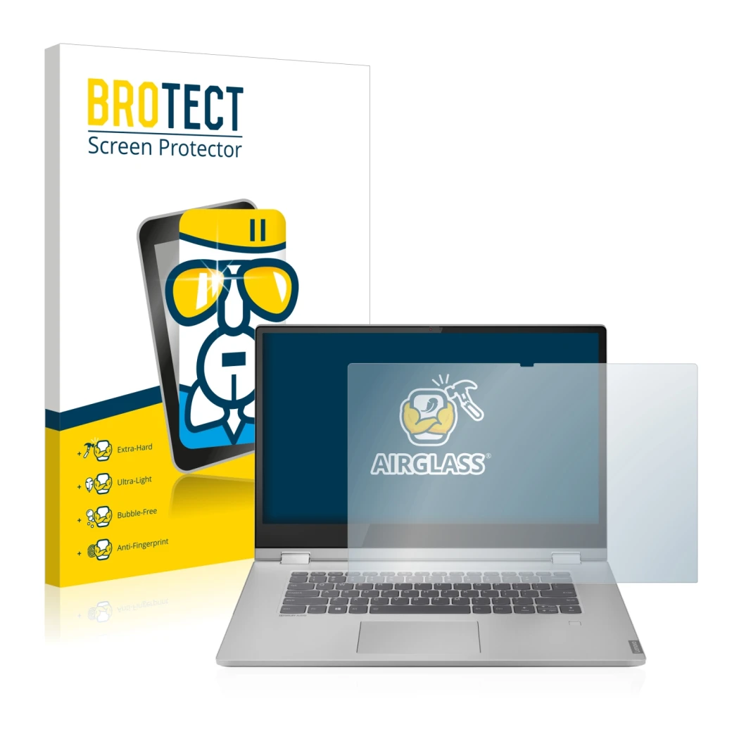 Face avant d’un emballage produit avec le logo de la marque BROTECT. À côté, l’appareil Lenovo IdeaPad C340 15